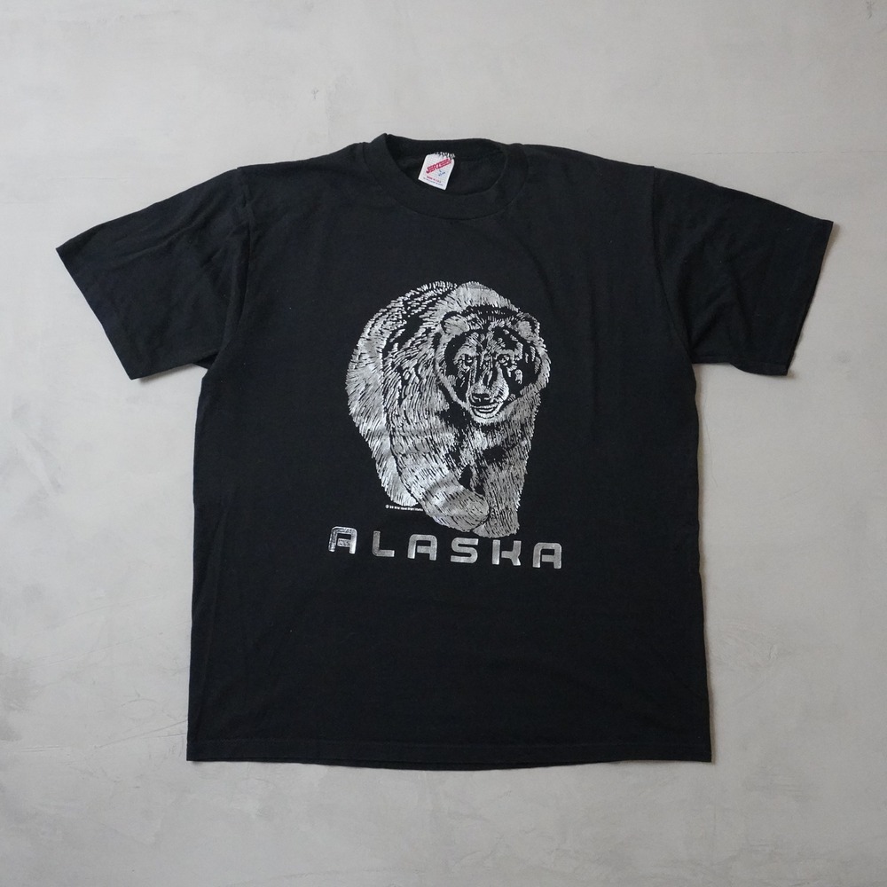 Vintage 90s Jerzees Alaska Bear T-Shirt Large Mens Black Silver Metallic Grizzly